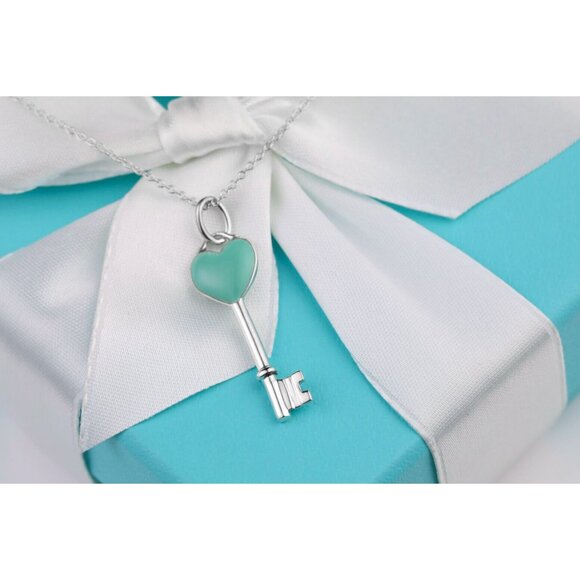 Tiffany & Co. Key Necklace Blue Enamel Heart Key Pendant in Sterling Silver 16" - Picture 6 of 7